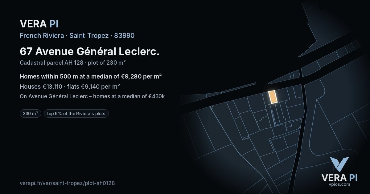 67 Avenue Général Leclerc, Saint-Tropez at night – the plot lit, the parcels around coloured by the prices near them