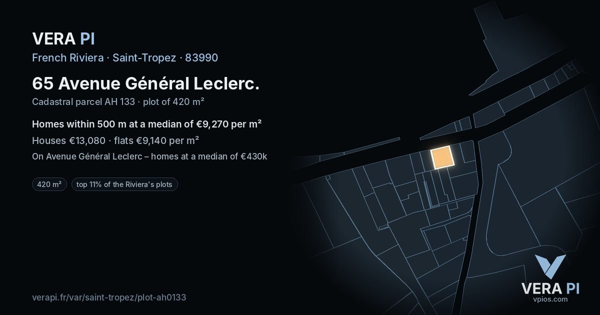65 Avenue Général Leclerc, Saint-Tropez at night – the plot lit, the parcels around coloured by the prices near them