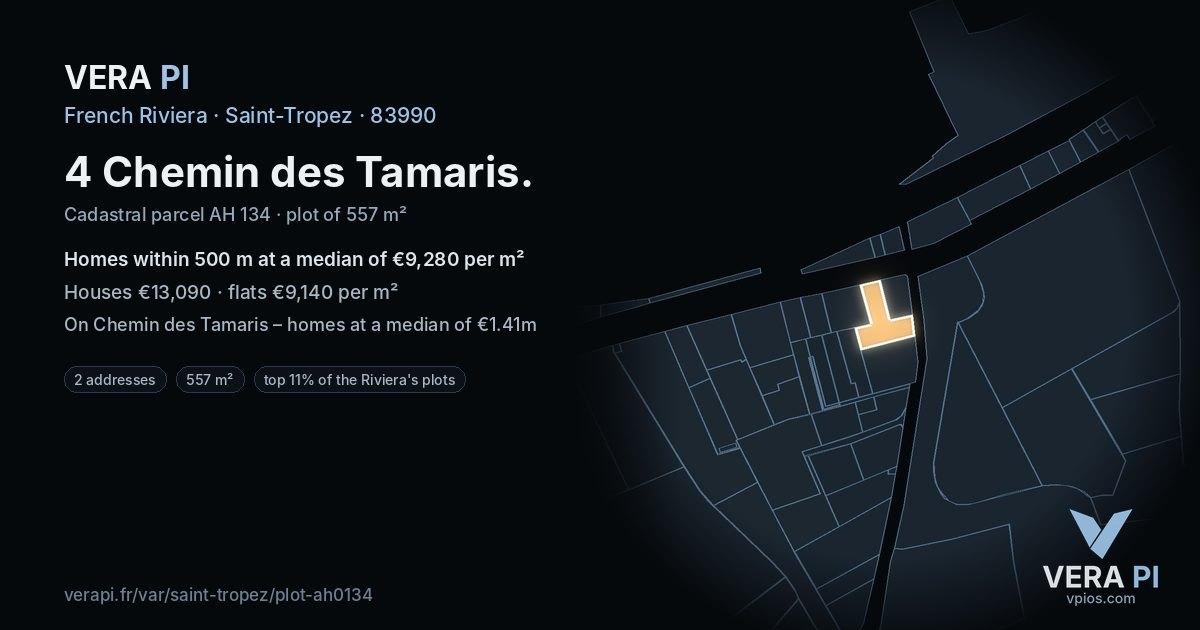 4 Chemin des Tamaris, Saint-Tropez at night – the plot lit, the parcels around coloured by the prices near them