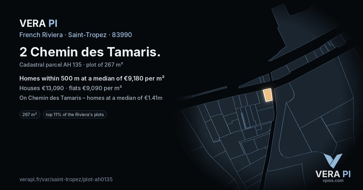 2 Chemin des Tamaris, Saint-Tropez at night – the plot lit, the parcels around coloured by the prices near them