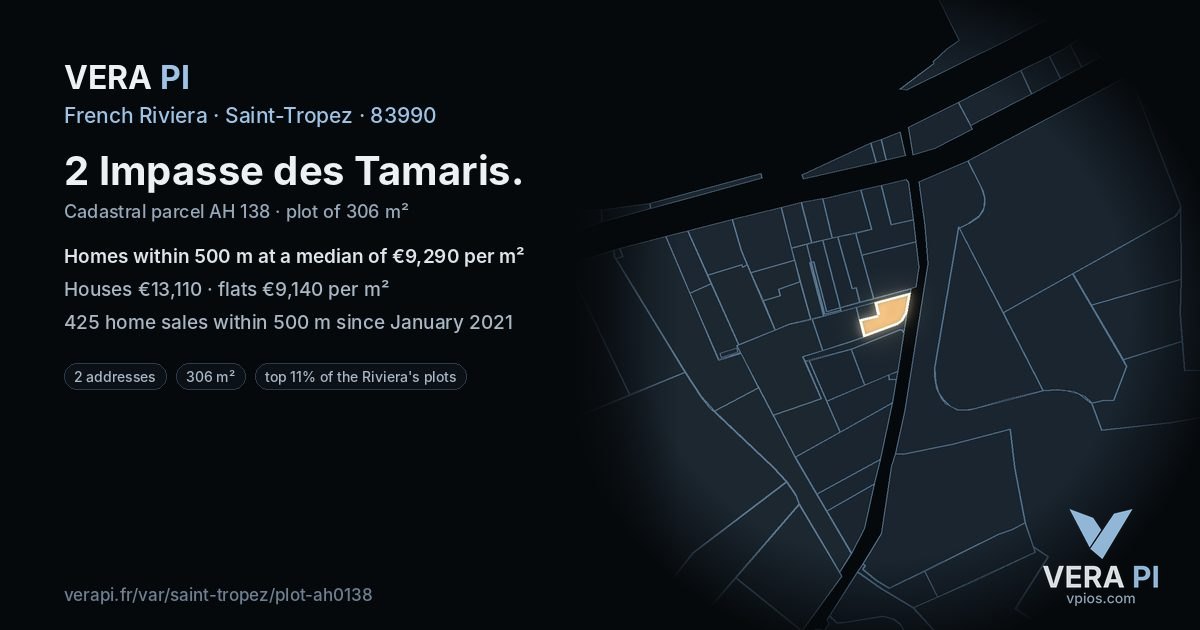 2 Impasse des Tamaris, Saint-Tropez at night – the plot lit, the parcels around coloured by the prices near them