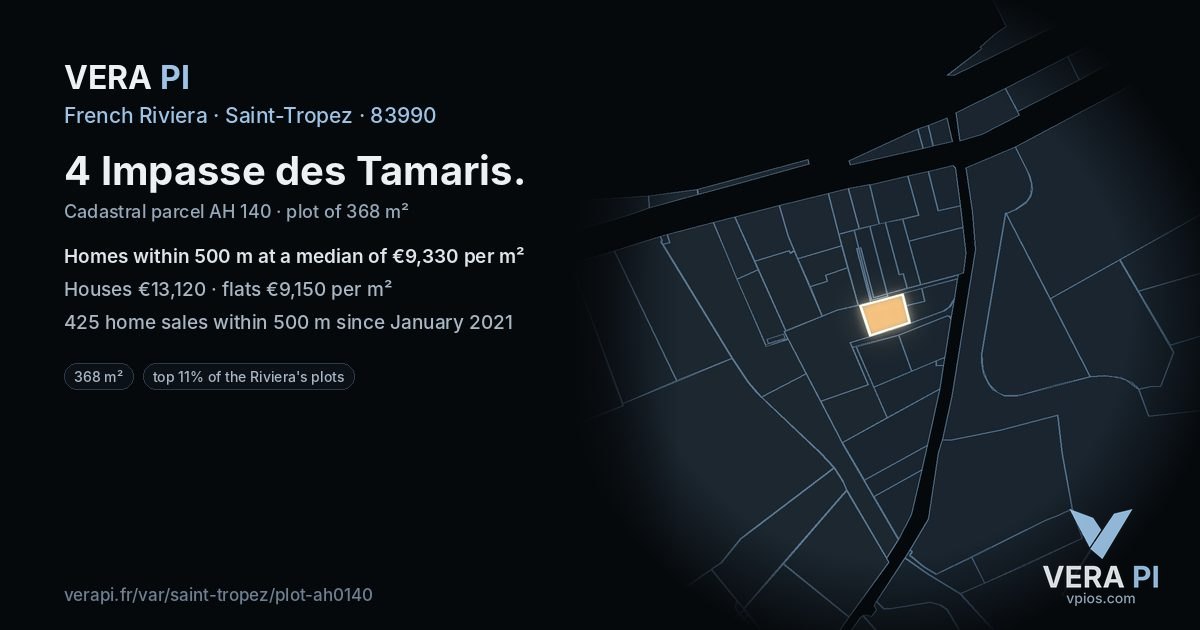 4 Impasse des Tamaris, Saint-Tropez at night – the plot lit, the parcels around coloured by the prices near them