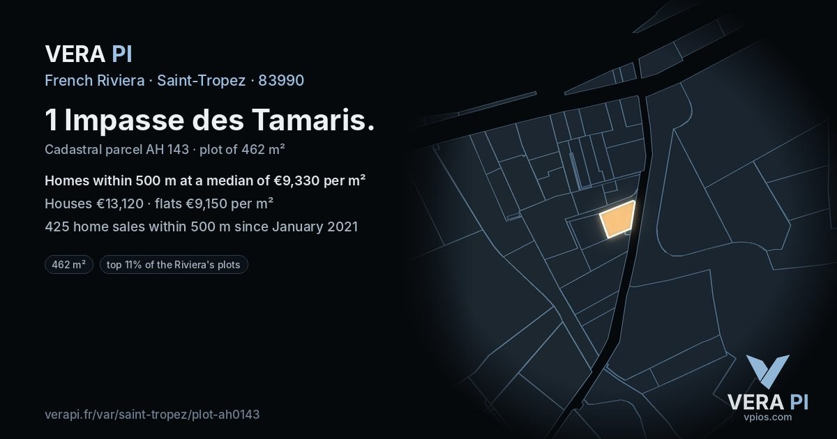 1 Impasse des Tamaris, Saint-Tropez at night – the plot lit, the parcels around coloured by the prices near them