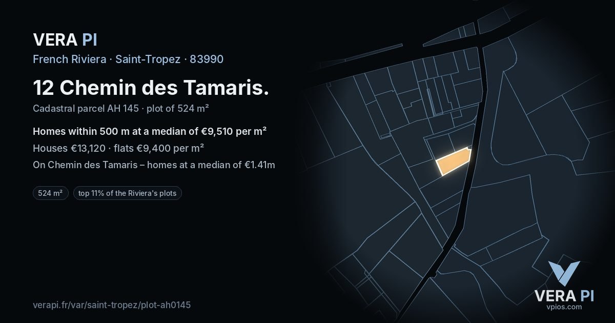 12 Chemin des Tamaris, Saint-Tropez at night – the plot lit, the parcels around coloured by the prices near them