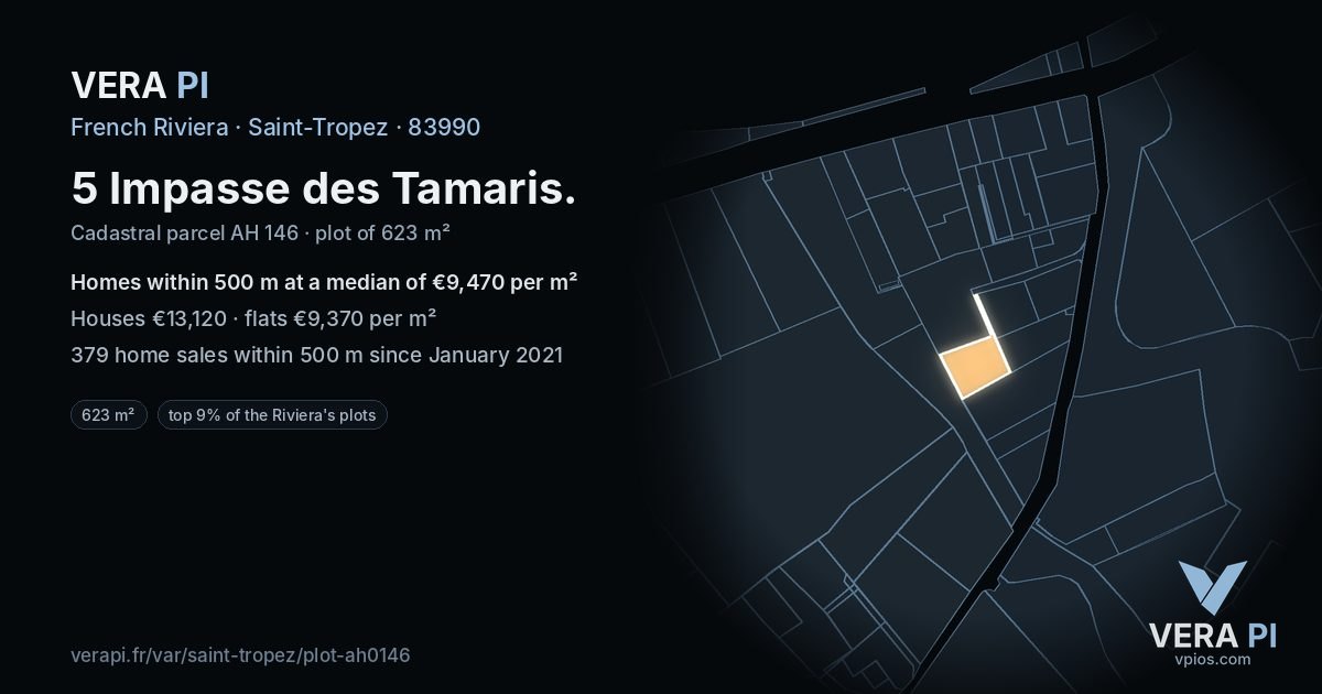 5 Impasse des Tamaris, Saint-Tropez at night – the plot lit, the parcels around coloured by the prices near them