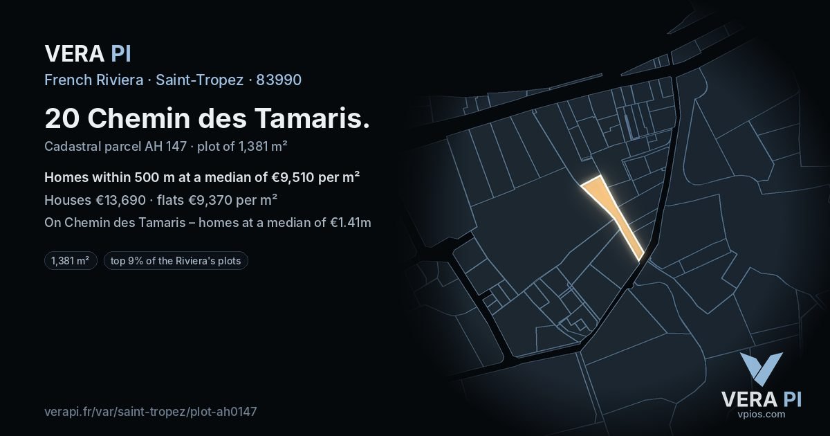 20 Chemin des Tamaris, Saint-Tropez at night – the plot lit, the parcels around coloured by the prices near them