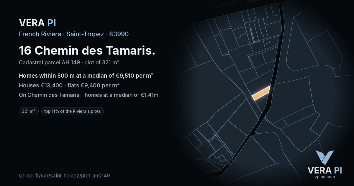 16 Chemin des Tamaris, Saint-Tropez at night – the plot lit, the parcels around coloured by the prices near them