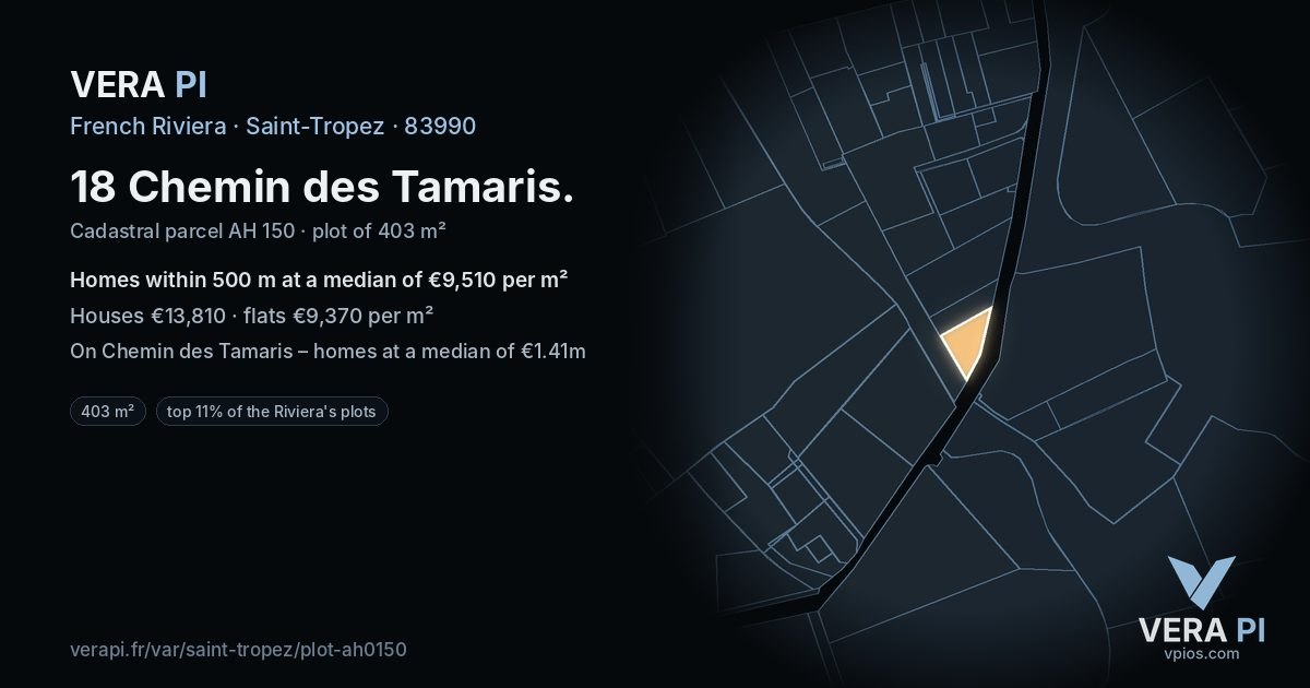 18 Chemin des Tamaris, Saint-Tropez at night – the plot lit, the parcels around coloured by the prices near them