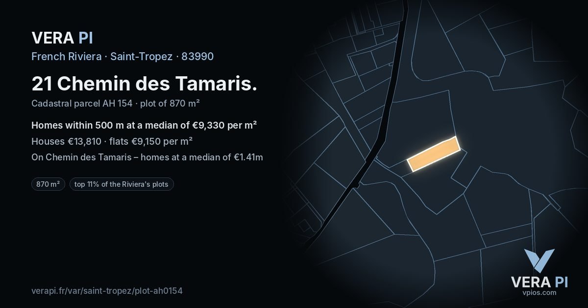 21 Chemin des Tamaris, Saint-Tropez at night – the plot lit, the parcels around coloured by the prices near them