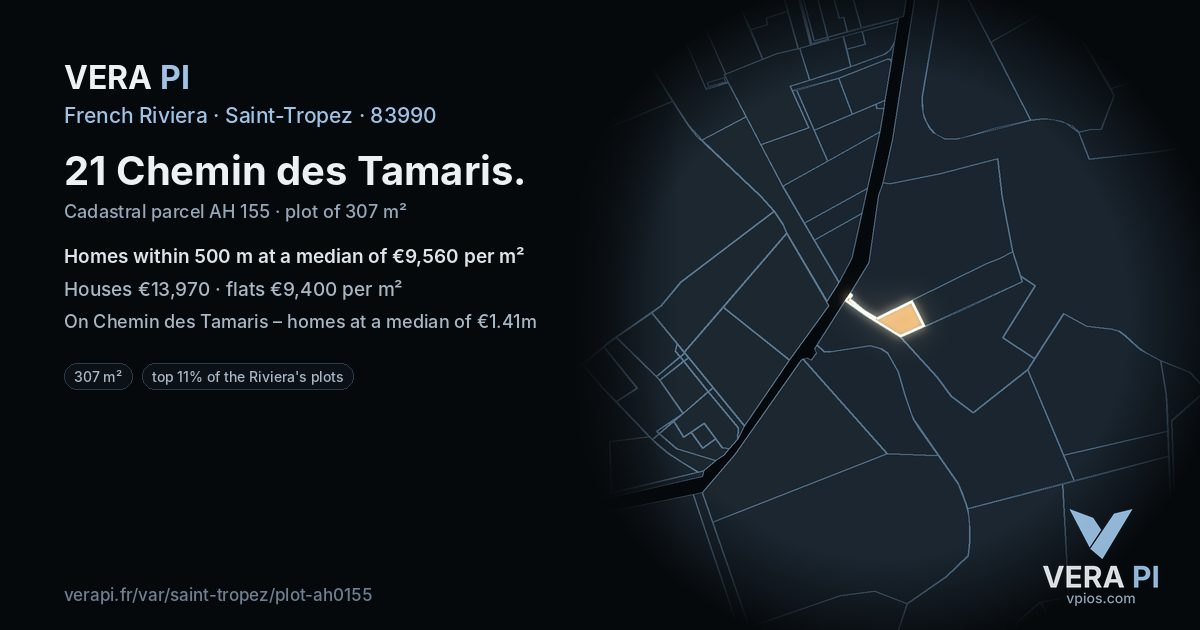21 Chemin des Tamaris, Saint-Tropez at night – the plot lit, the parcels around coloured by the prices near them