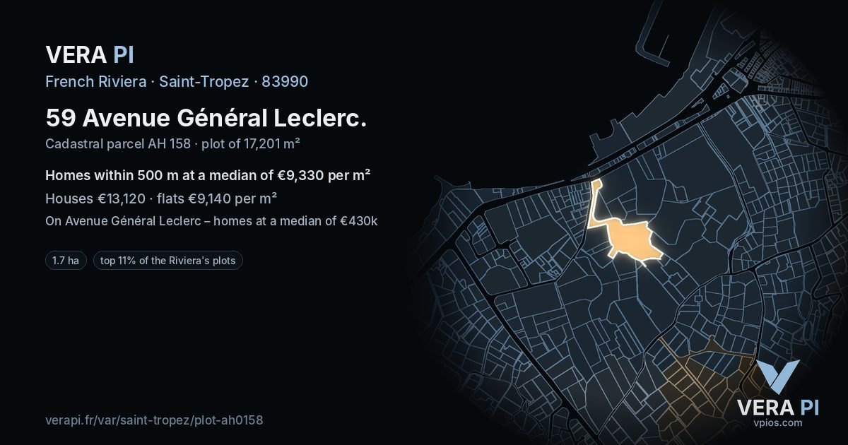 59 Avenue Général Leclerc, Saint-Tropez at night – the plot lit, the parcels around coloured by the prices near them