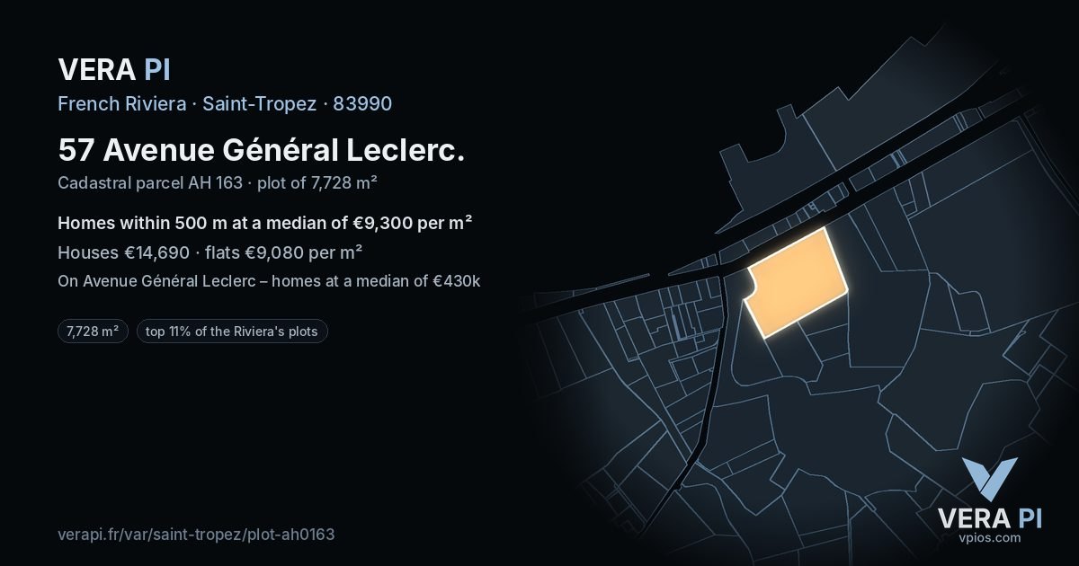 57 Avenue Général Leclerc, Saint-Tropez at night – the plot lit, the parcels around coloured by the prices near them