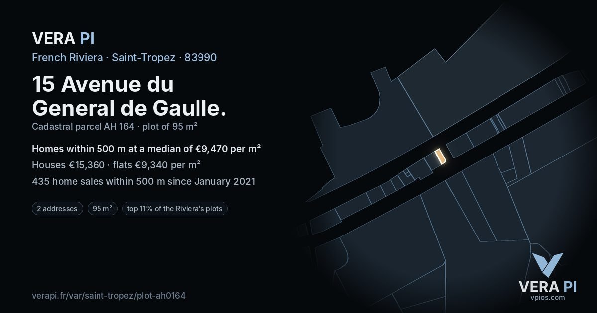 15 Avenue du General de Gaulle, Saint-Tropez at night – the plot lit, the parcels around coloured by the prices near them