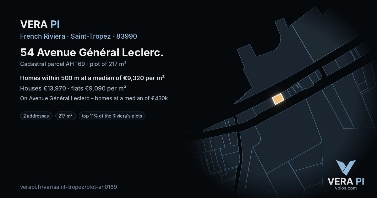 54 Avenue Général Leclerc, Saint-Tropez at night – the plot lit, the parcels around coloured by the prices near them