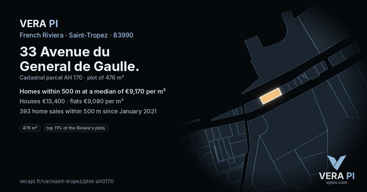33 Avenue du General de Gaulle, Saint-Tropez at night – the plot lit, the parcels around coloured by the prices near them