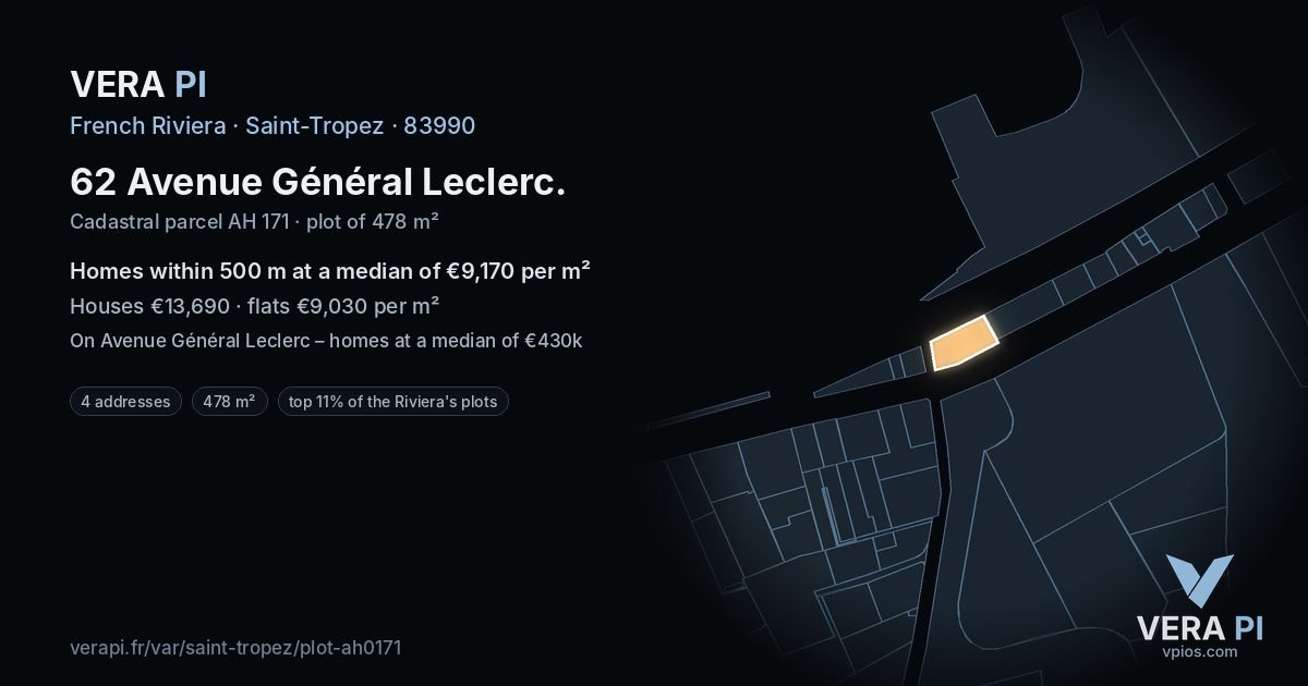 62 Avenue Général Leclerc, Saint-Tropez at night – the plot lit, the parcels around coloured by the prices near them