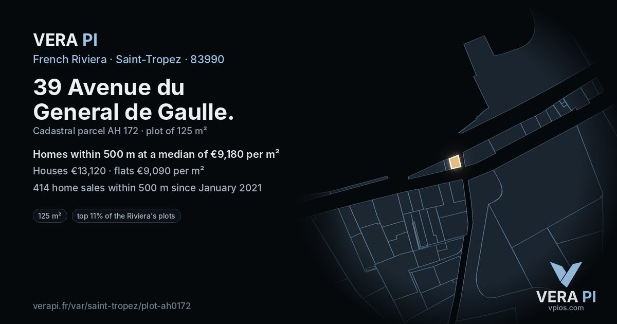 39 Avenue du General de Gaulle, Saint-Tropez at night – the plot lit, the parcels around coloured by the prices near them