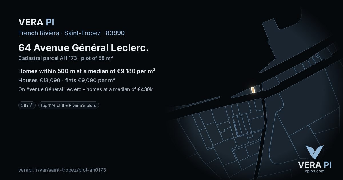 64 Avenue Général Leclerc, Saint-Tropez at night – the plot lit, the parcels around coloured by the prices near them