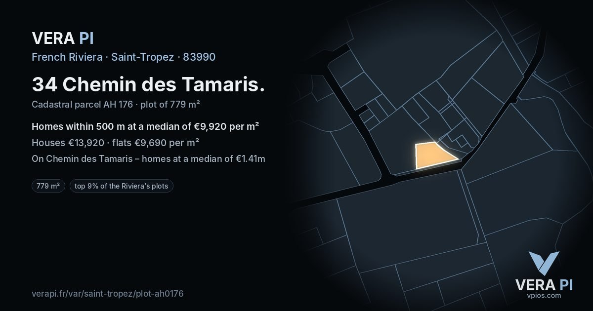 34 Chemin des Tamaris, Saint-Tropez at night – the plot lit, the parcels around coloured by the prices near them