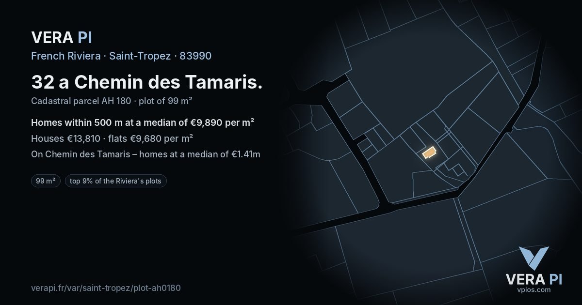 32 a Chemin des Tamaris, Saint-Tropez at night – the plot lit, the parcels around coloured by the prices near them