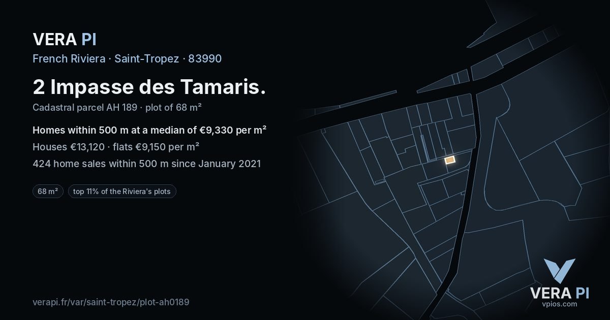 2 Impasse des Tamaris, Saint-Tropez at night – the plot lit, the parcels around coloured by the prices near them