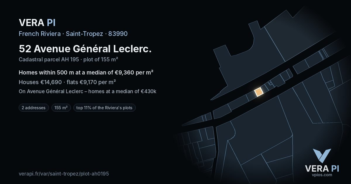 52 Avenue Général Leclerc, Saint-Tropez at night – the plot lit, the parcels around coloured by the prices near them
