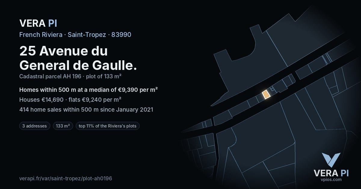 25 Avenue du General de Gaulle, Saint-Tropez at night – the plot lit, the parcels around coloured by the prices near them