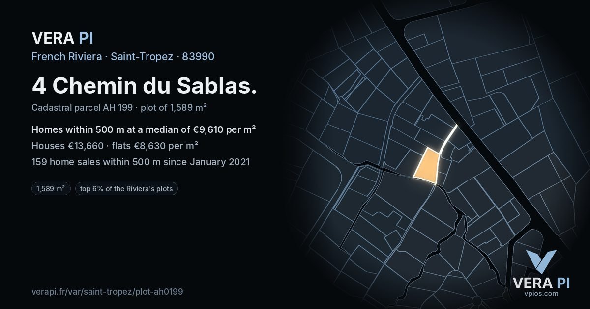 4 Chemin du Sablas, Saint-Tropez at night – the plot lit, the parcels around coloured by the prices near them