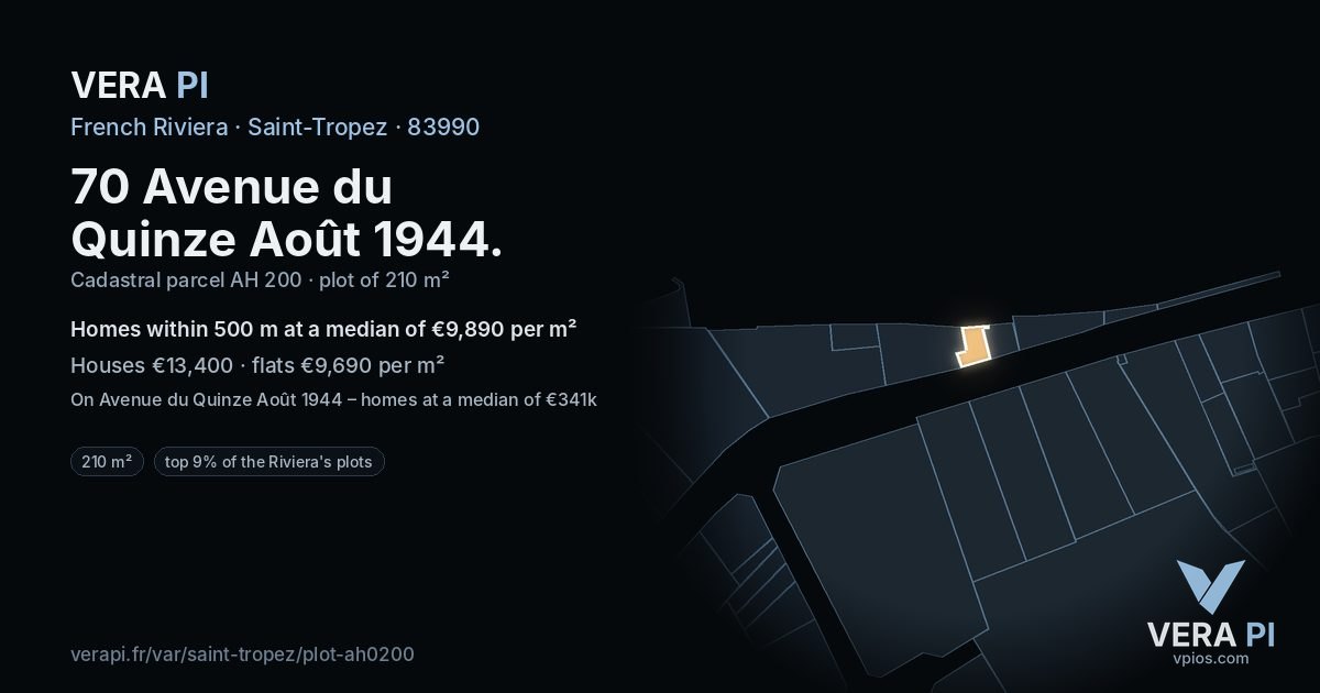 70 Avenue du Quinze Août 1944, Saint-Tropez at night – the plot lit, the parcels around coloured by the prices near them