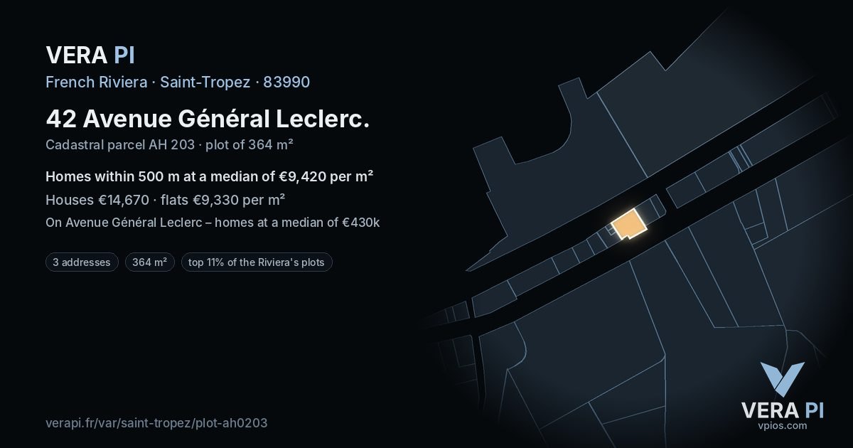 42 Avenue Général Leclerc, Saint-Tropez at night – the plot lit, the parcels around coloured by the prices near them