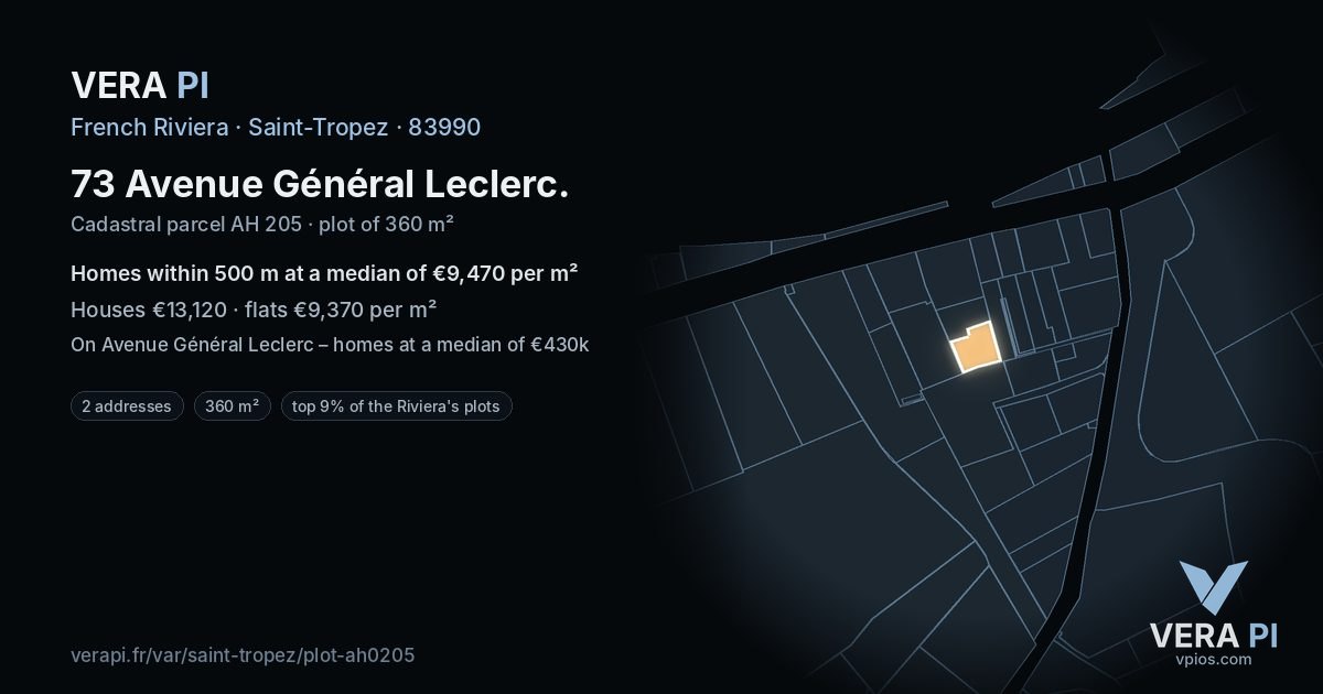 73 Avenue Général Leclerc, Saint-Tropez at night – the plot lit, the parcels around coloured by the prices near them