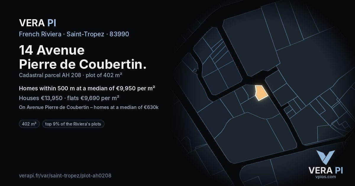 14 Avenue Pierre de Coubertin, Saint-Tropez at night – the plot lit, the parcels around coloured by the prices near them