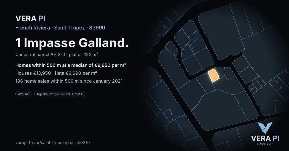 1 Impasse Galland, Saint-Tropez at night – the plot lit, the parcels around coloured by the prices near them