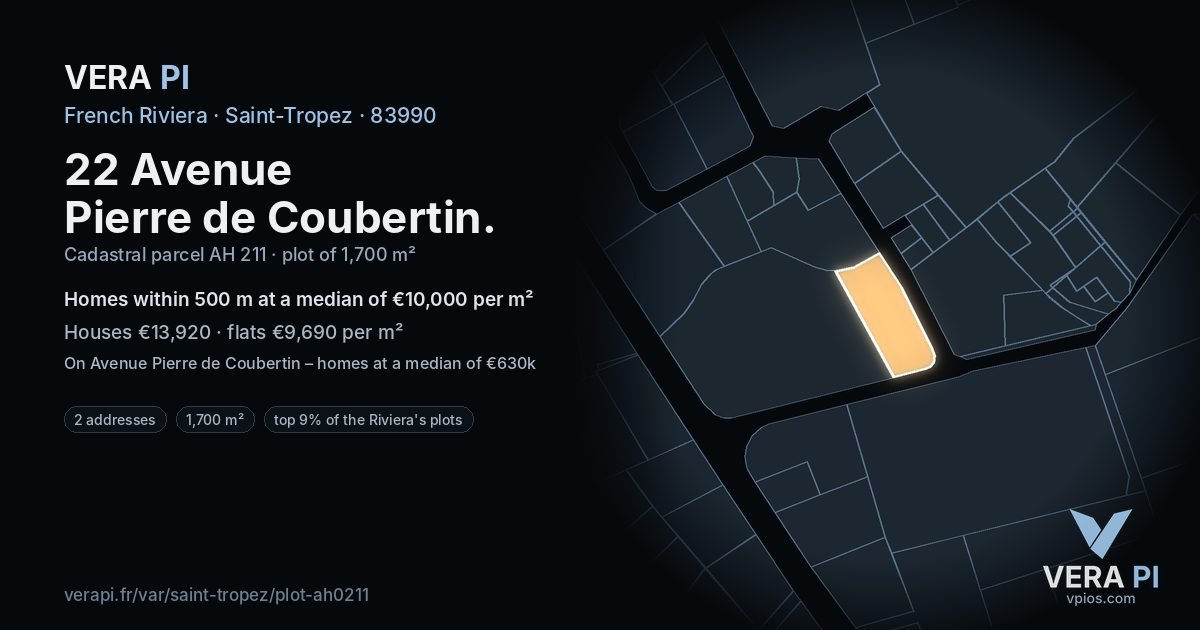 22 Avenue Pierre de Coubertin, Saint-Tropez at night – the plot lit, the parcels around coloured by the prices near them