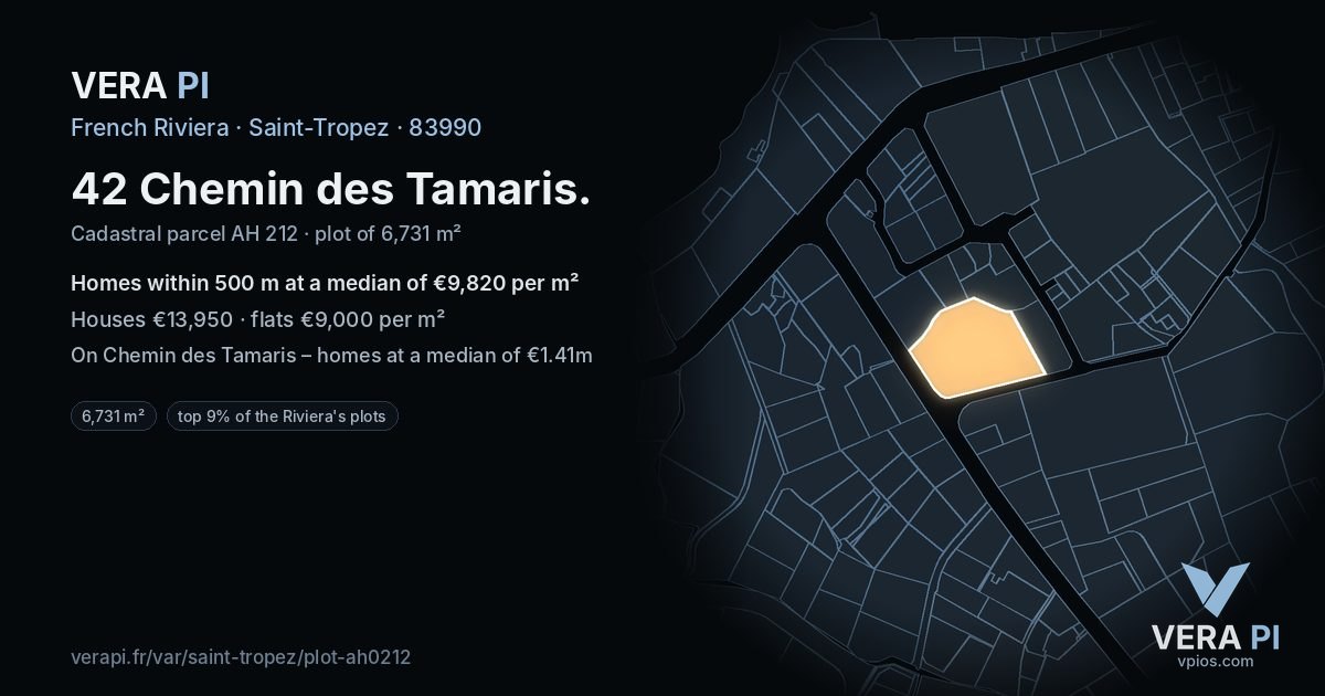 42 Chemin des Tamaris, Saint-Tropez at night – the plot lit, the parcels around coloured by the prices near them
