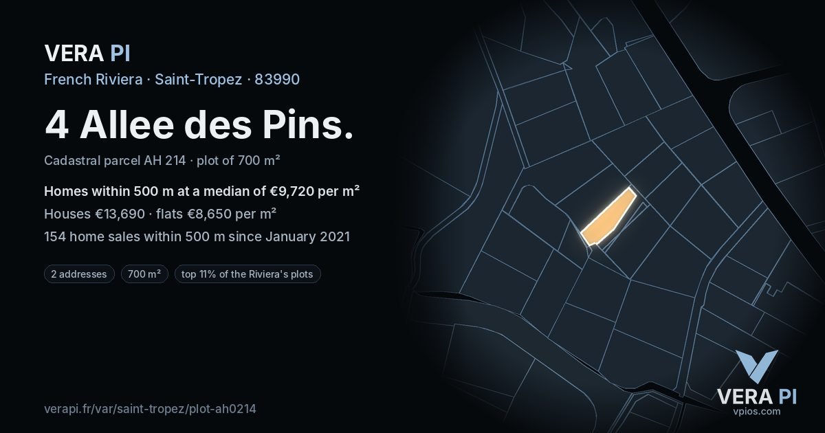4 Allee des Pins, Saint-Tropez at night – the plot lit, the parcels around coloured by the prices near them