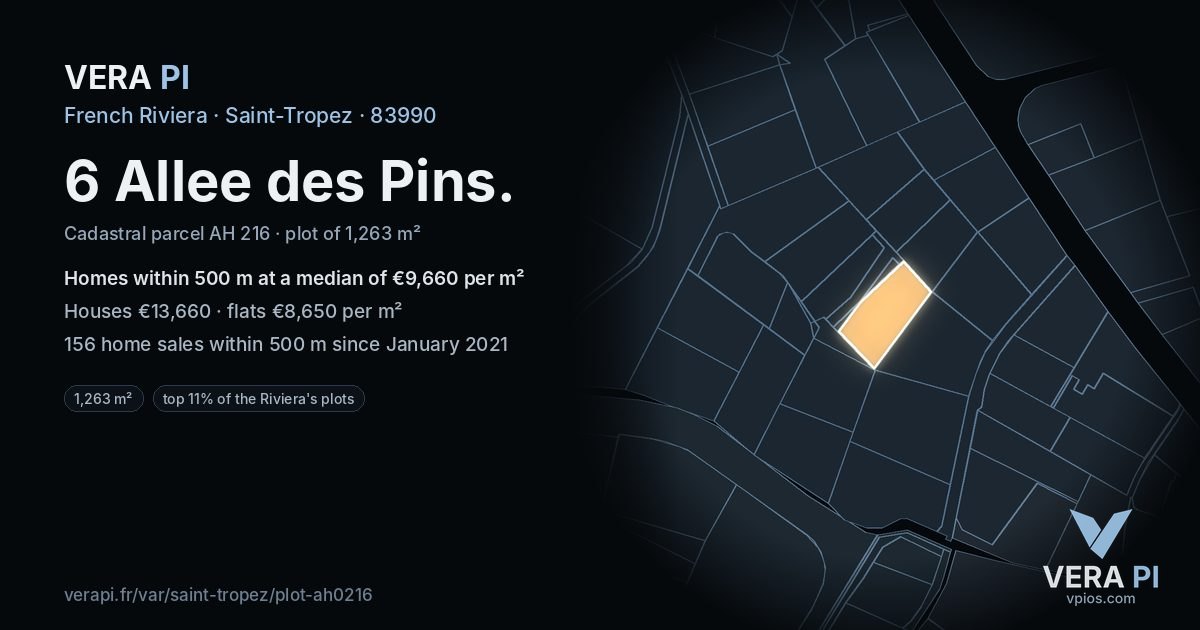 6 Allee des Pins, Saint-Tropez at night – the plot lit, the parcels around coloured by the prices near them
