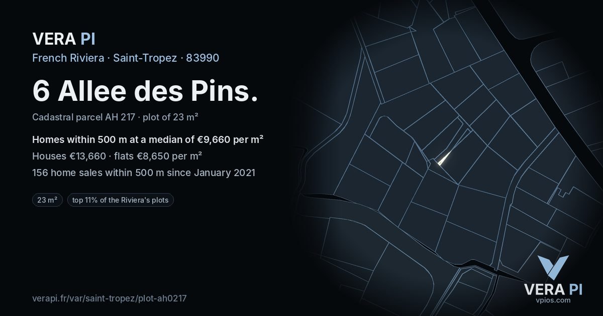 6 Allee des Pins, Saint-Tropez at night – the plot lit, the parcels around coloured by the prices near them