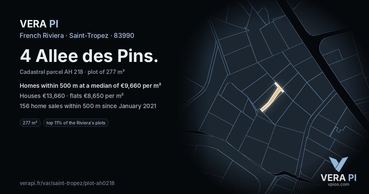 4 Allee des Pins, Saint-Tropez at night – the plot lit, the parcels around coloured by the prices near them