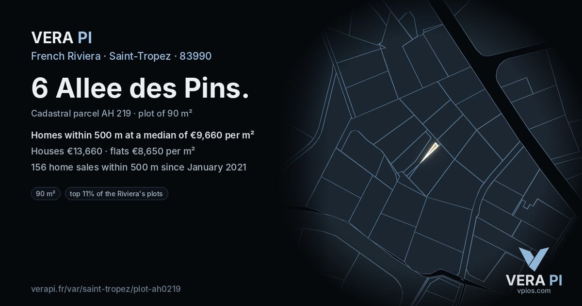 6 Allee des Pins, Saint-Tropez at night – the plot lit, the parcels around coloured by the prices near them