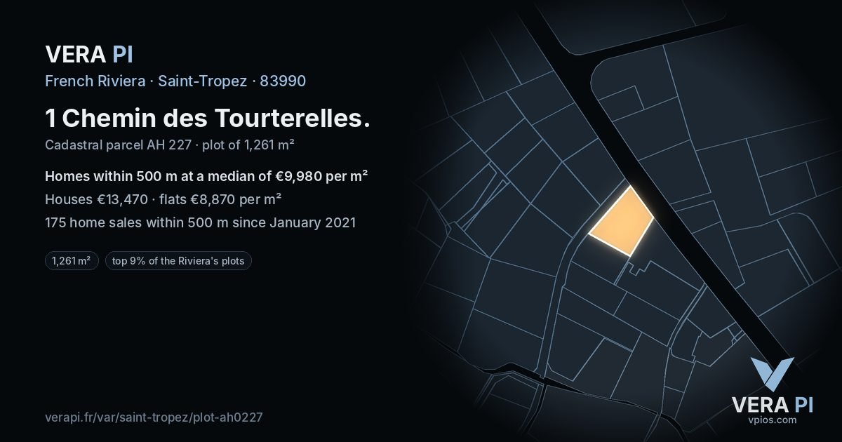 1 Chemin des Tourterelles, Saint-Tropez at night – the plot lit, the parcels around coloured by the prices near them