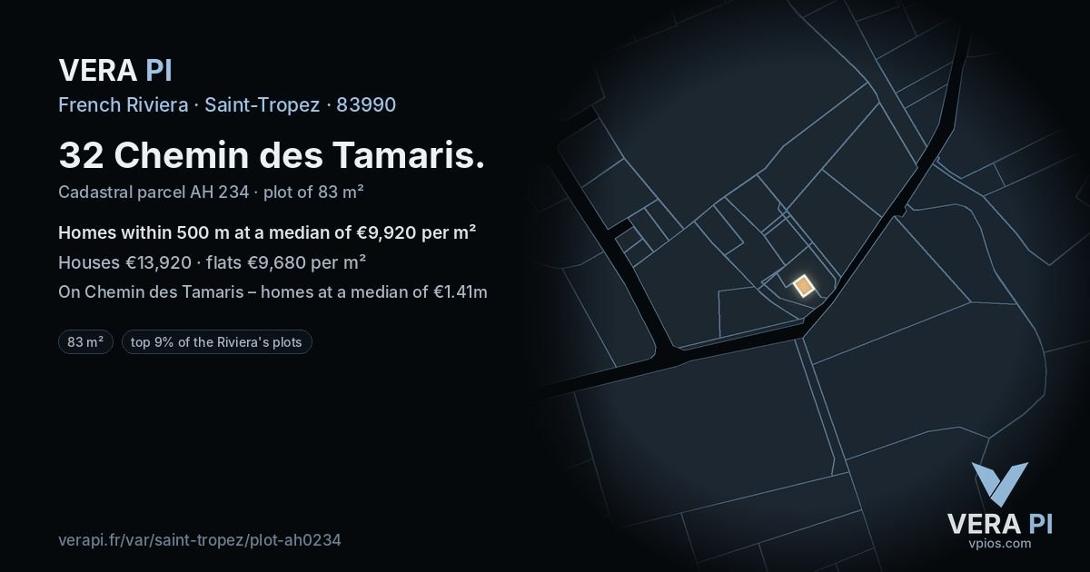 32 Chemin des Tamaris, Saint-Tropez at night – the plot lit, the parcels around coloured by the prices near them