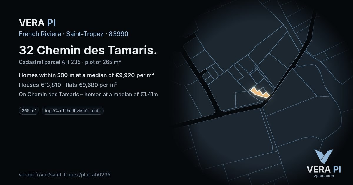 32 Chemin des Tamaris, Saint-Tropez at night – the plot lit, the parcels around coloured by the prices near them