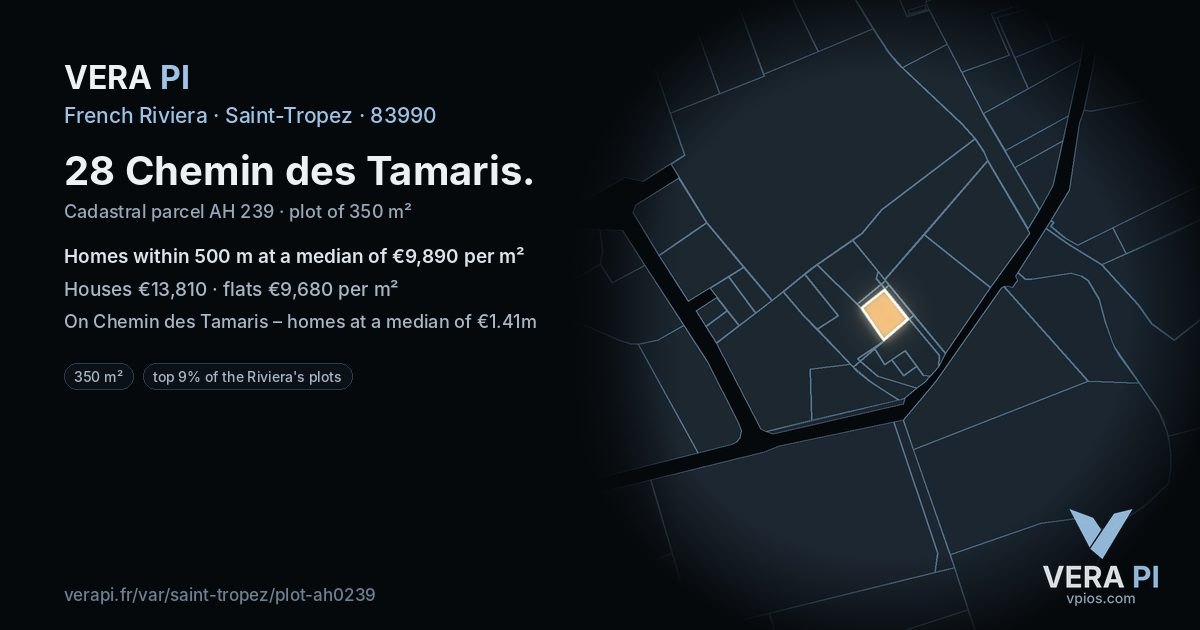 28 Chemin des Tamaris, Saint-Tropez at night – the plot lit, the parcels around coloured by the prices near them