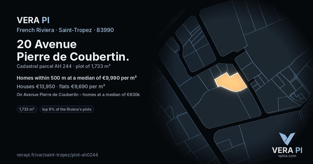 20 Avenue Pierre de Coubertin, Saint-Tropez at night – the plot lit, the parcels around coloured by the prices near them