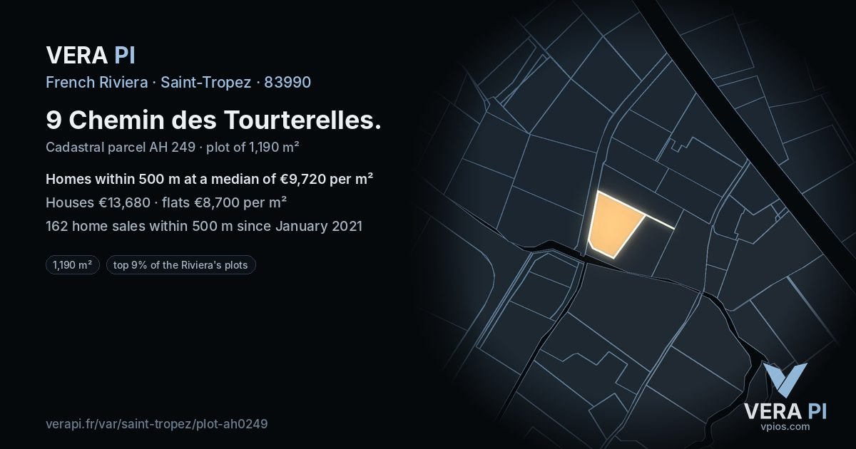 9 Chemin des Tourterelles, Saint-Tropez at night – the plot lit, the parcels around coloured by the prices near them