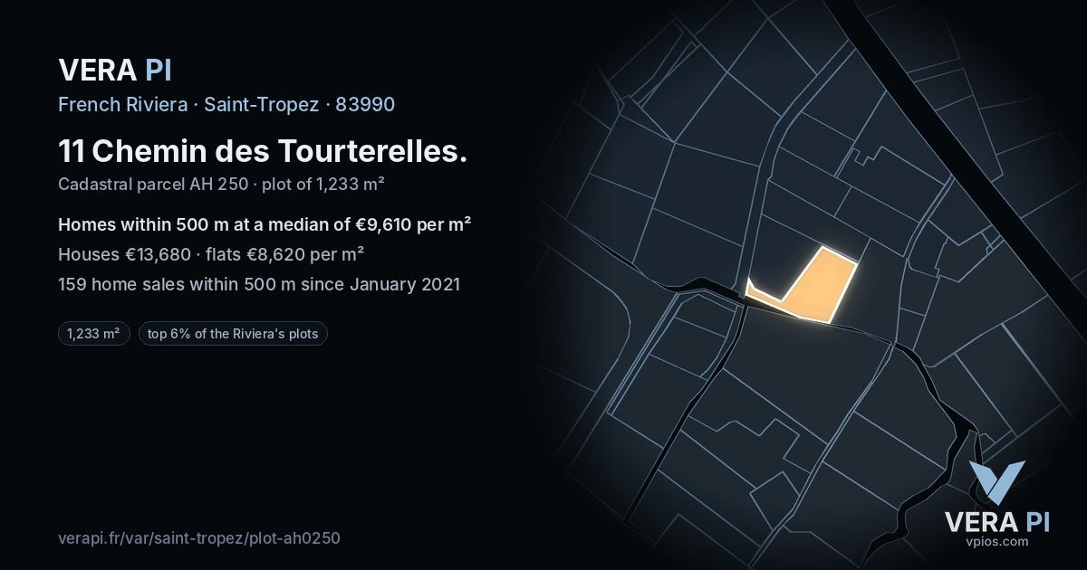 11 Chemin des Tourterelles, Saint-Tropez at night – the plot lit, the parcels around coloured by the prices near them