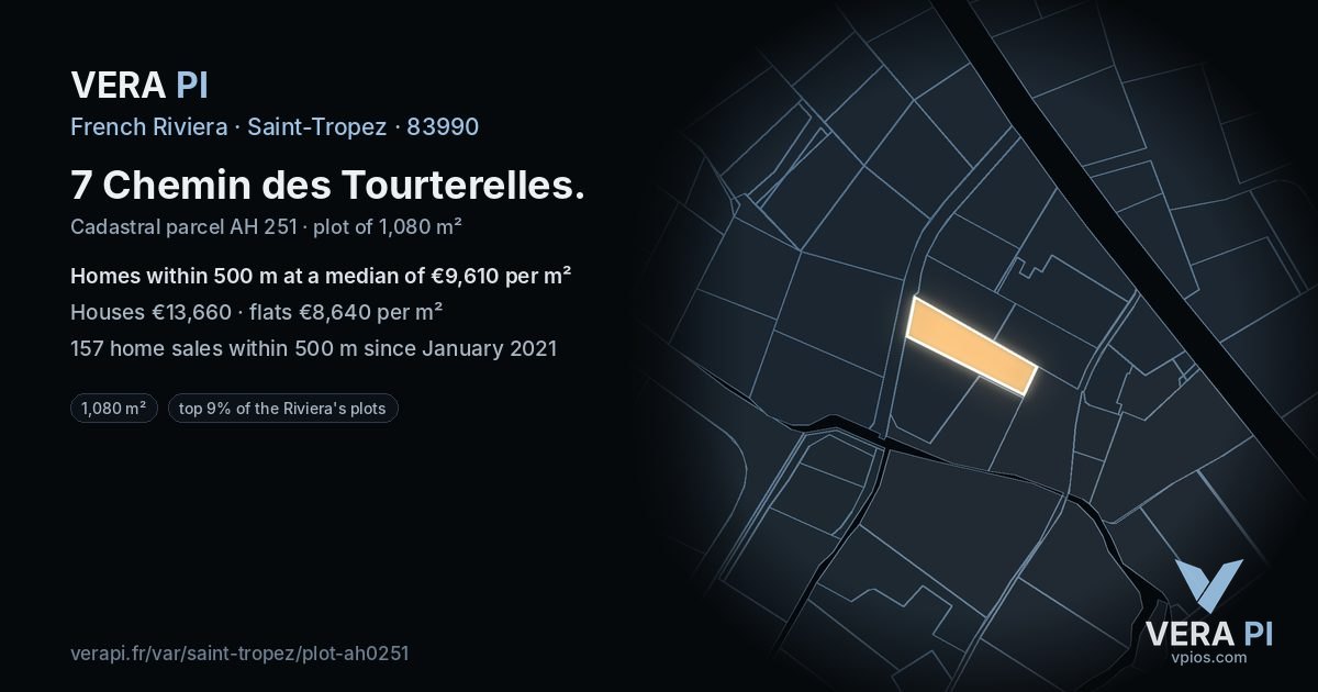 7 Chemin des Tourterelles, Saint-Tropez at night – the plot lit, the parcels around coloured by the prices near them