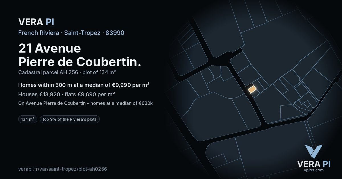 21 Avenue Pierre de Coubertin, Saint-Tropez at night – the plot lit, the parcels around coloured by the prices near them