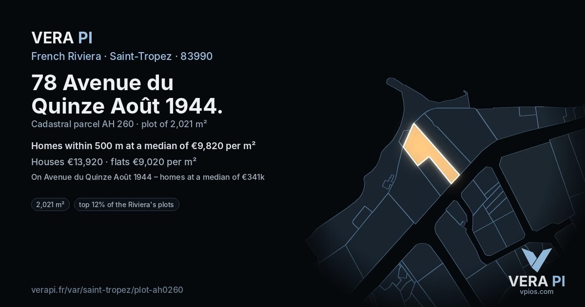 78 Avenue du Quinze Août 1944, Saint-Tropez at night – the plot lit, the parcels around coloured by the prices near them